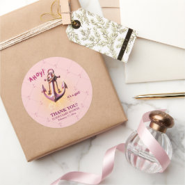Pegatina Redonda ¡Ahoy rosado moderno! Anchor Nautical Baby Shower