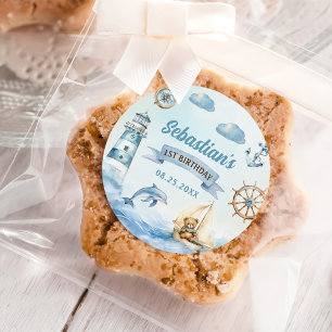 Pegatina Redonda Ahoy Sailor Nautical Boat Blue 1er cumpleaños