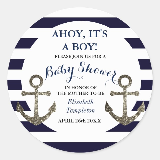 Pegatina Redonda Ahoy son Pegatinas de Baby Shower de Boy Nautical (Anverso)