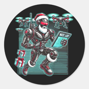 Pegatina Redonda AI Powered Santa Robot con drones y Navidades L