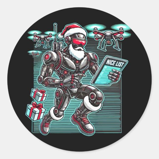 Pegatina Redonda AI Powered Santa Robot con drones y Navidades L (Anverso)