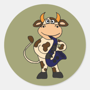 Pegatina Redonda AI- Vaca divertida jugando Personalizado saxofón