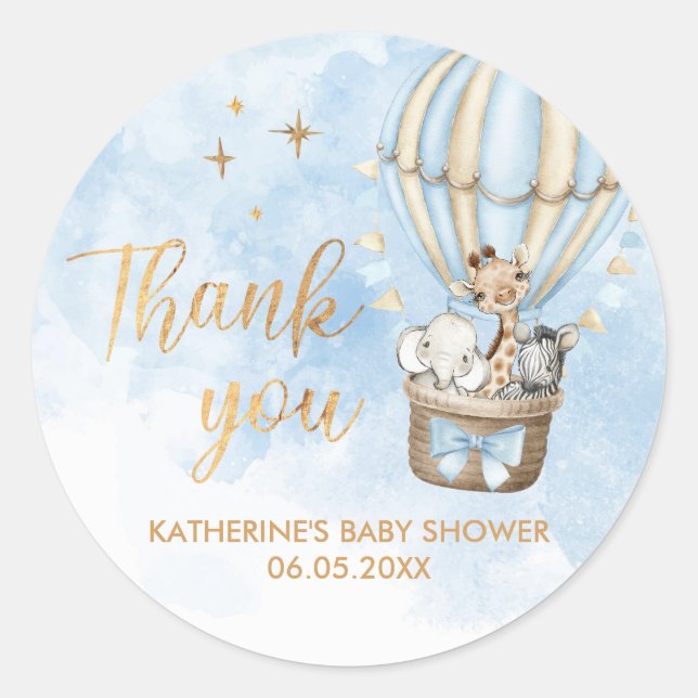 Pegatina Redonda Aire caliente globo Safari Baby Shower Gracias (Anverso)