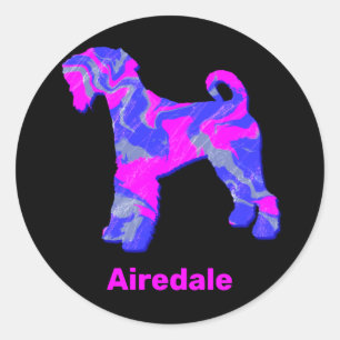 Pegatina Redonda Airedale Terrier Dog Crazy Rosa caliente y Azul