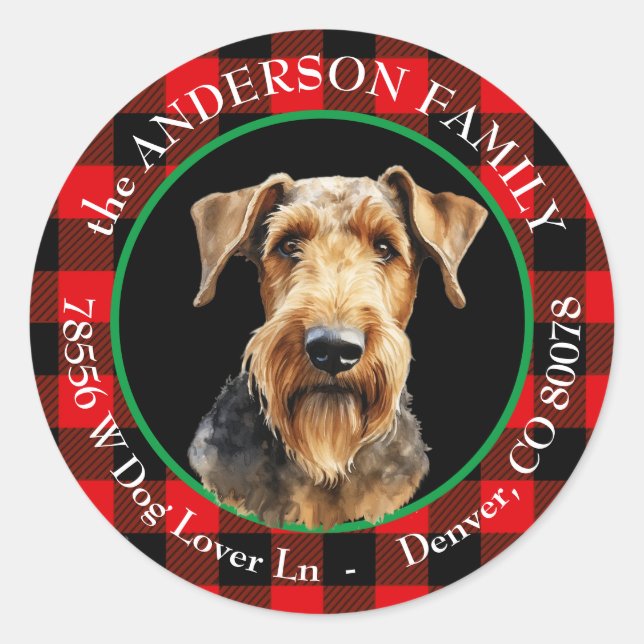 Pegatina Redonda Airedale Terrier Dog Dirección de devolución de bú (Anverso)