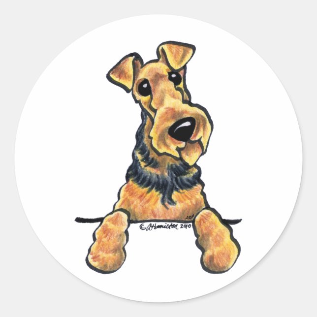 Pegatina Redonda Airedale Terrier Line Art (Anverso)