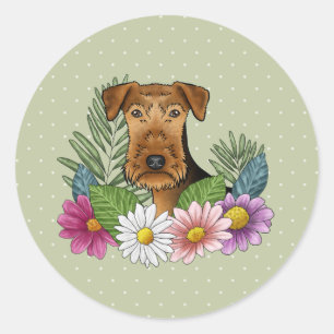 Pegatina Redonda Airedale Terrier Perro Flores silvestres coloridas