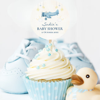 Pegatina Redonda Airplane Baby Shower Whimsical Boy Baby Welcome 