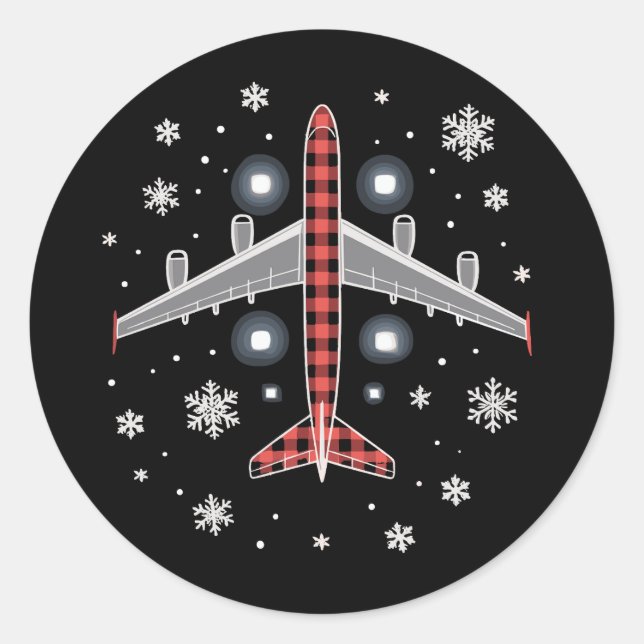 Pegatina Redonda Airplane Plaid Christmas Pilot (Anverso)