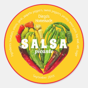 Pegatina Redonda Ají verde caliente pimiento amarillo corazón etiqu
