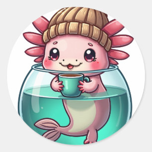 Pegatina Redonda Ajolote Amante del Café Arte Kawaii Lindo