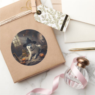 Pegatina Redonda Akita Calabazas de Halloween Da Miedo