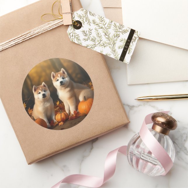 Pegatina Redonda Akita Puppy Calabaza deslumbrante de otoño (Regalar)