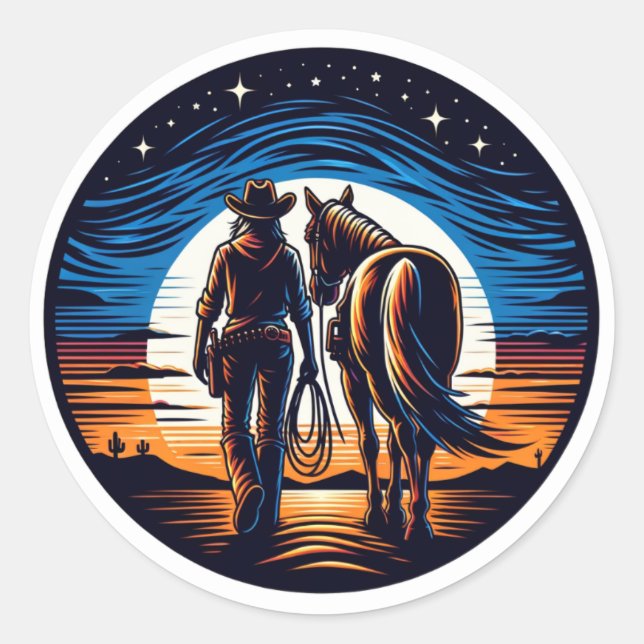 Pegatina Redonda Al atardecer (Anverso)