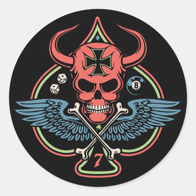 Pegatina Redonda Ala Afortunada Calavera maltesa del diablo de las  (Anverso)