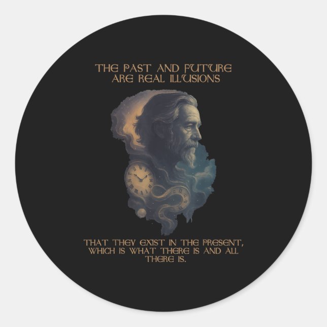 Pegatina Redonda Alan Watts Cita Time Illusion Clock Cosmic Mind (Anverso)