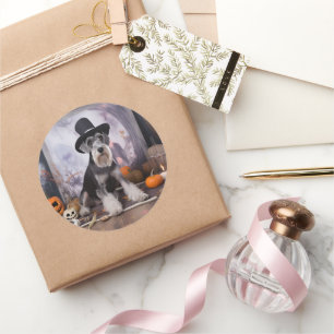 Pegatina Redonda Alarma de Halloween en las calabazas de Schnauzer 