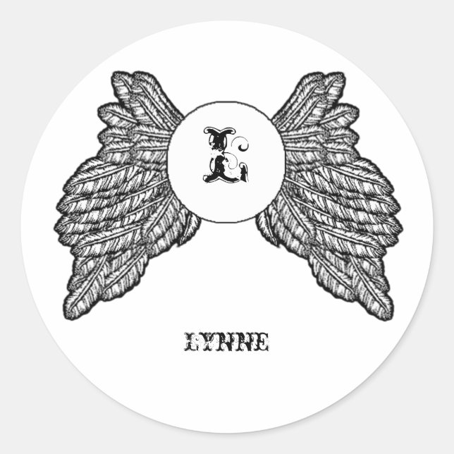 Pegatina Redonda Alas Ángel Monogramadas Personalizadas (Anverso)