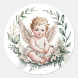 Pegatina Redonda Alas de ángel acuarela Bautismo