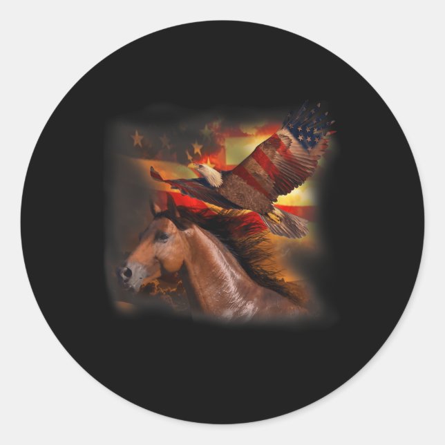 Pegatina Redonda Alas de la Bandera Americana de Caballos Eagle Org (Anverso)