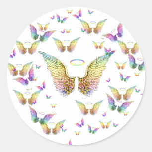 Pegatina Redonda Alas del Ángel Arcoiris y Halos