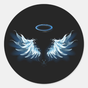 Pegatina Redonda Alas del Ángel Azul brillante sobre fondo negro