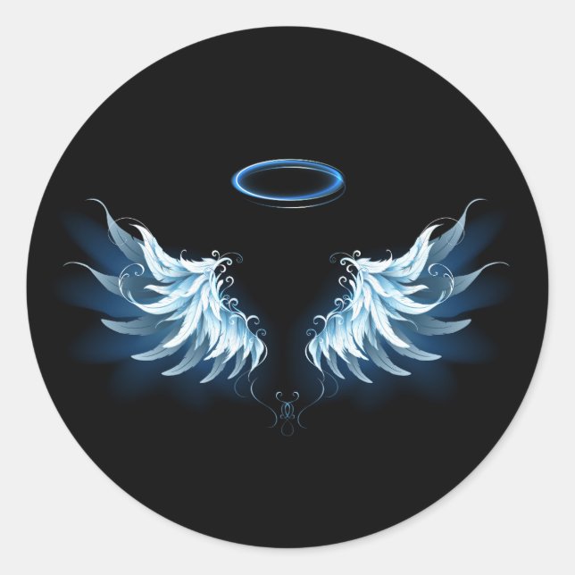 Pegatina Redonda Alas del Ángel Azul brillante sobre fondo negro (Anverso)