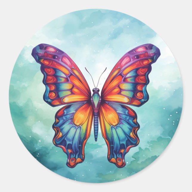 Pegatina Redonda Alas Naranjas azules de mariposa (Anverso)