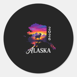 Pegatina Redonda Alaska 2026 puesta de sol retro carnero montaña va
