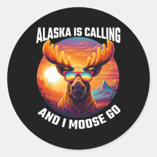 Pegatina Redonda Alaska Alce Turista Viaje Divertido Alce Aventura