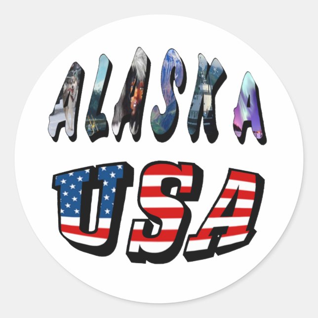 Pegatina Redonda Alaska Estados Unidos Bandera Estadounidense Cita  (Anverso)
