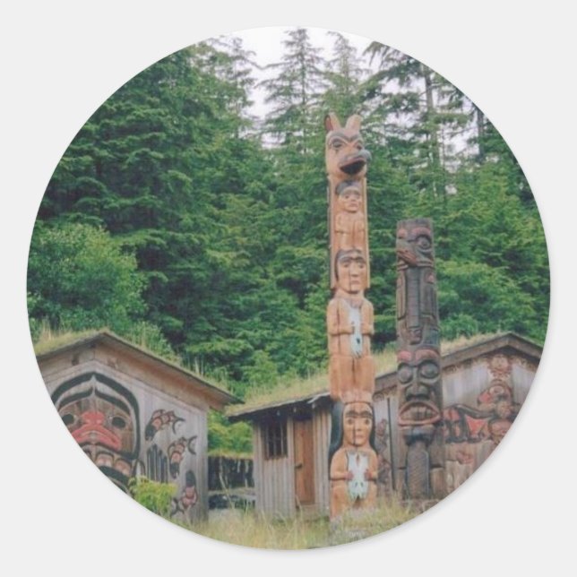 Pegatina Redonda Alaska Totem Poles (Anverso)