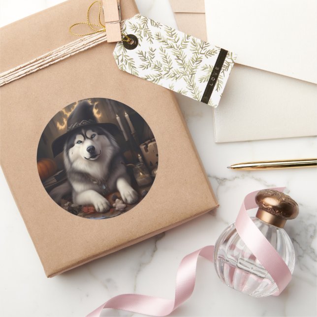 Pegatina Redonda Alaskan Malamute calza calabazas de Halloween (Regalar)