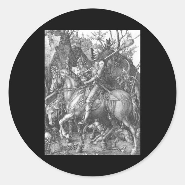 Pegatina Redonda Albrecht Durer Knight Death y el diablo (Anverso)