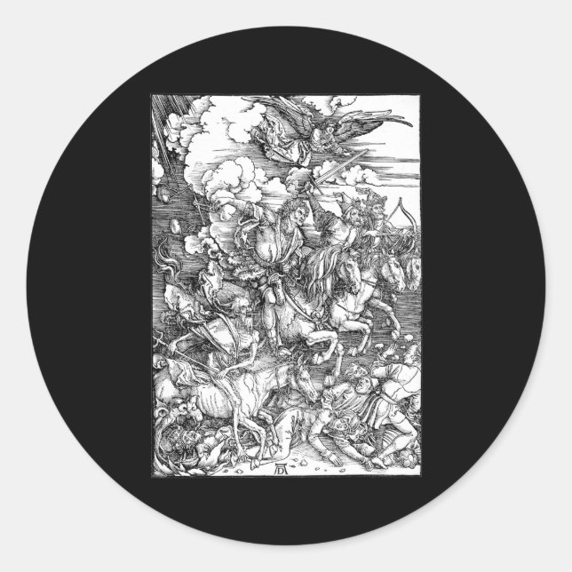 Pegatina Redonda Albrecht Durer los cuatro jinetes del Apocalipsis (Anverso)