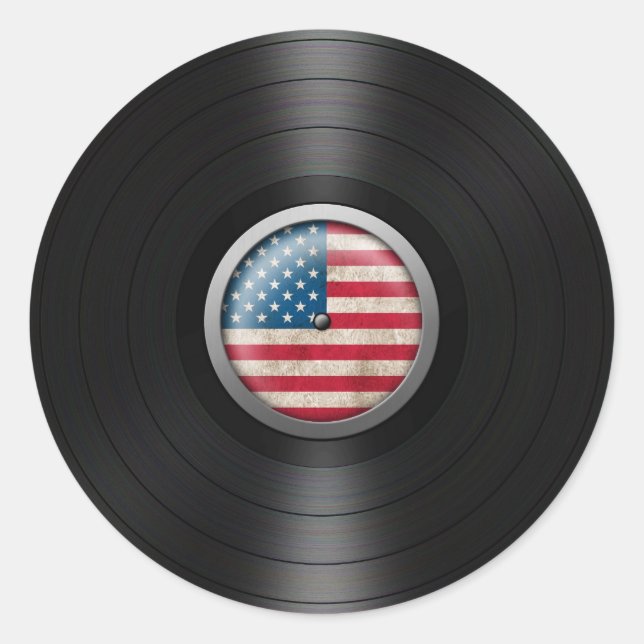Pegatina Redonda Álbum de registro de vinilo de bandera estadounide (Anverso)