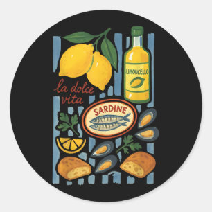 Pegatina Redonda Álbum de verano italiano con mariscos al limoncell