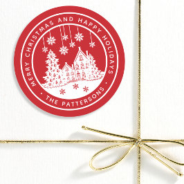 Pegatina Redonda Aldea de invierno personalizada Feliz Navidad