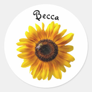 Pegatina Redonda Alegre girasol amarillo con abeja personalizada
