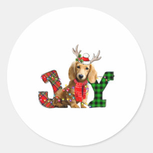 Pegatina Redonda Alegre Navidad Luces Dachshund Pelo Largo Perro Sa