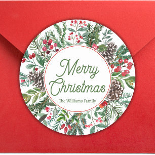Pegatina Redonda alegre navidad vegetación de invierno caligrafía v