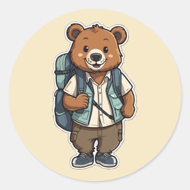 Pegatina Redonda Alegre oso Personalizado con mochila (Anverso)