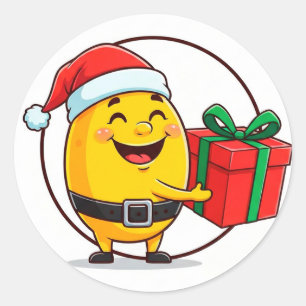 Pegatina Redonda Alegre Papá Noel de dibujos animados con regalo ro