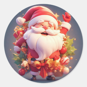 Pegatina Redonda Alegre Papá Noel rodeado de Navidad festiva