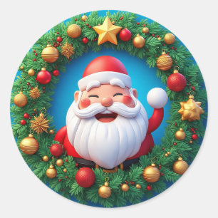 Pegatina Redonda Alegre Santa Claus con Navidad nevada