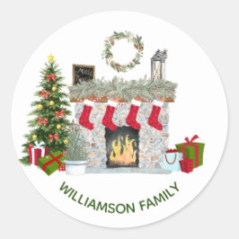 Pegatina Redonda Alegres Navidades escena de la chimenea nombre de 