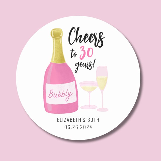 Pegatina Redonda Alegres rosas a 30 años, burbujeante fiesta de 30  (Cheers to 30 years pink champagne stickers.  Full 30th birthday party range collection.)