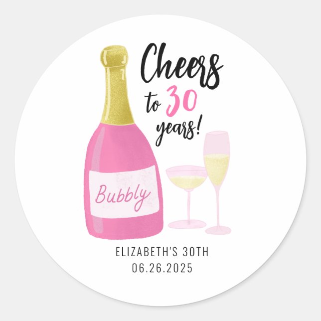 Pegatina Redonda Alegres rosas a 30 años, burbujeante fiesta de 30  (Anverso)