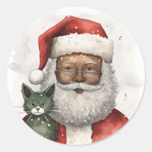 Pegatina Redonda Alegres saludos de feriado de Papá Noel Negro
