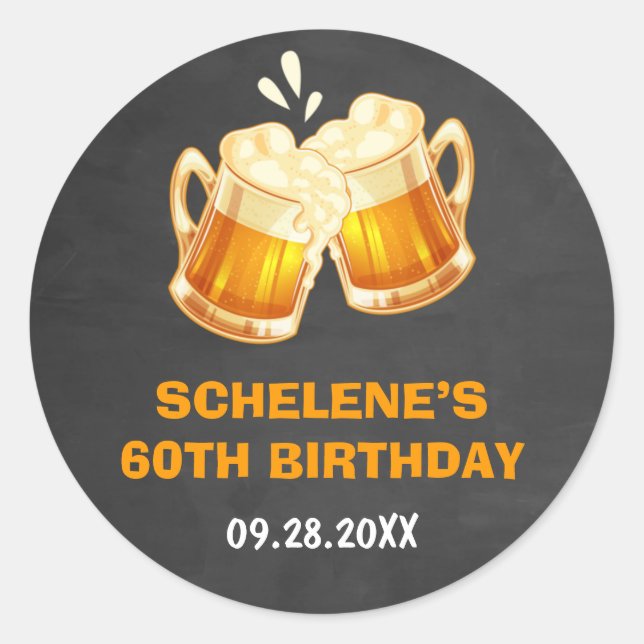 Pegatina Redonda Alegres y cervezas sorprenden 60 cumpleaños (Anverso)